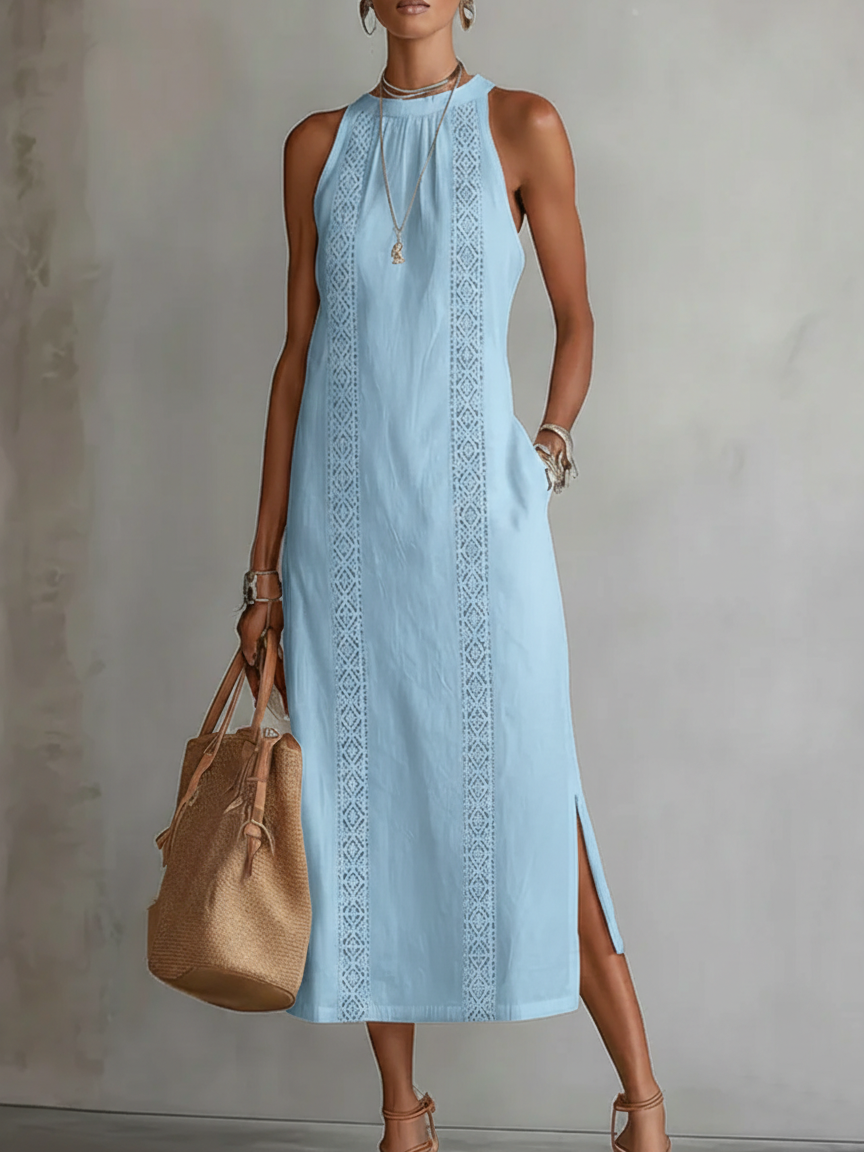 Alessia | Vestito midi in lino con colletto mao