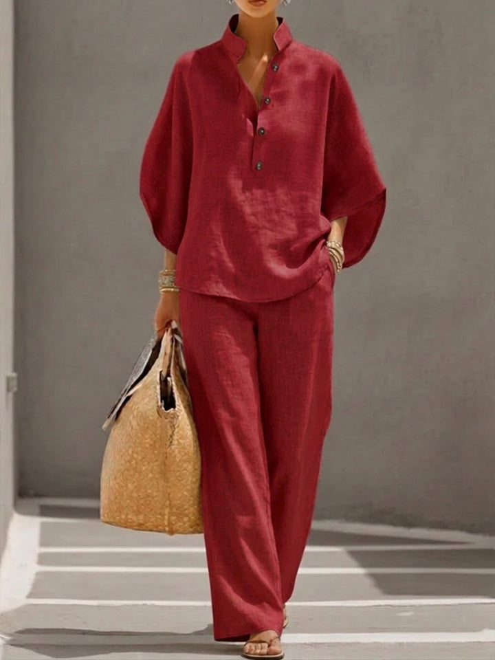 Lorena | Completo in Cotone e Lino con Maniche a Pipistrello e Pantaloni Larghi