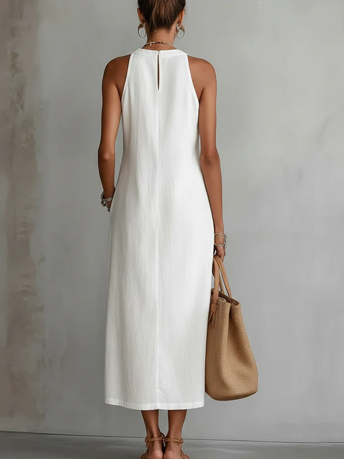Alessia | Vestito midi in lino con colletto mao