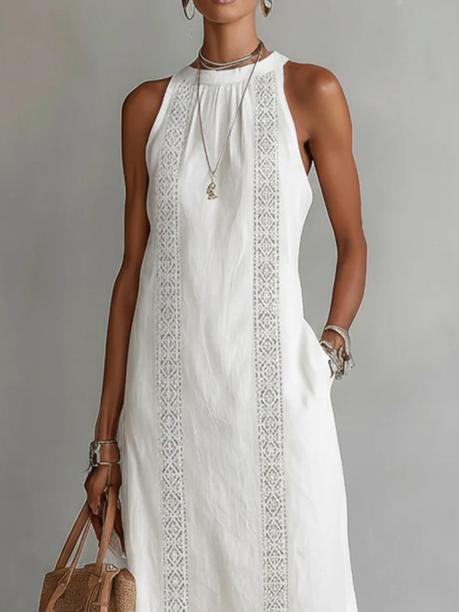 Alessia | Vestito midi in lino con colletto mao
