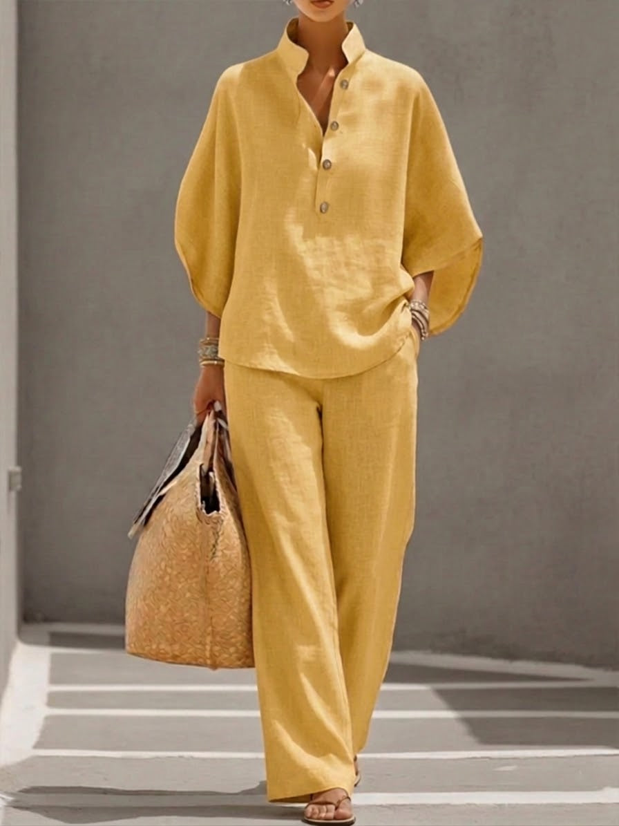 Lorena | Completo in Cotone e Lino con Maniche a Pipistrello e Pantaloni Larghi