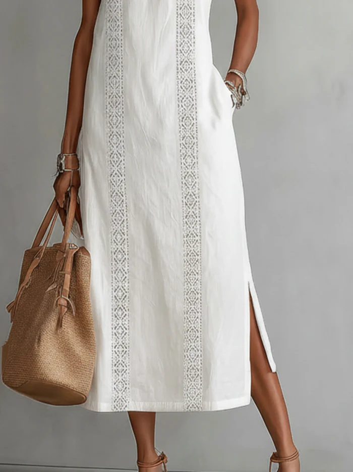 Alessia | Vestito midi in lino con colletto mao