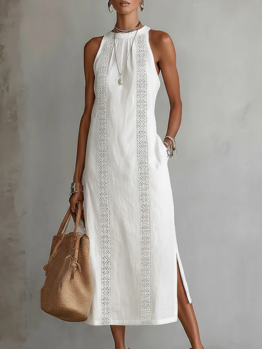 Alessia | Vestito midi in lino con colletto mao
