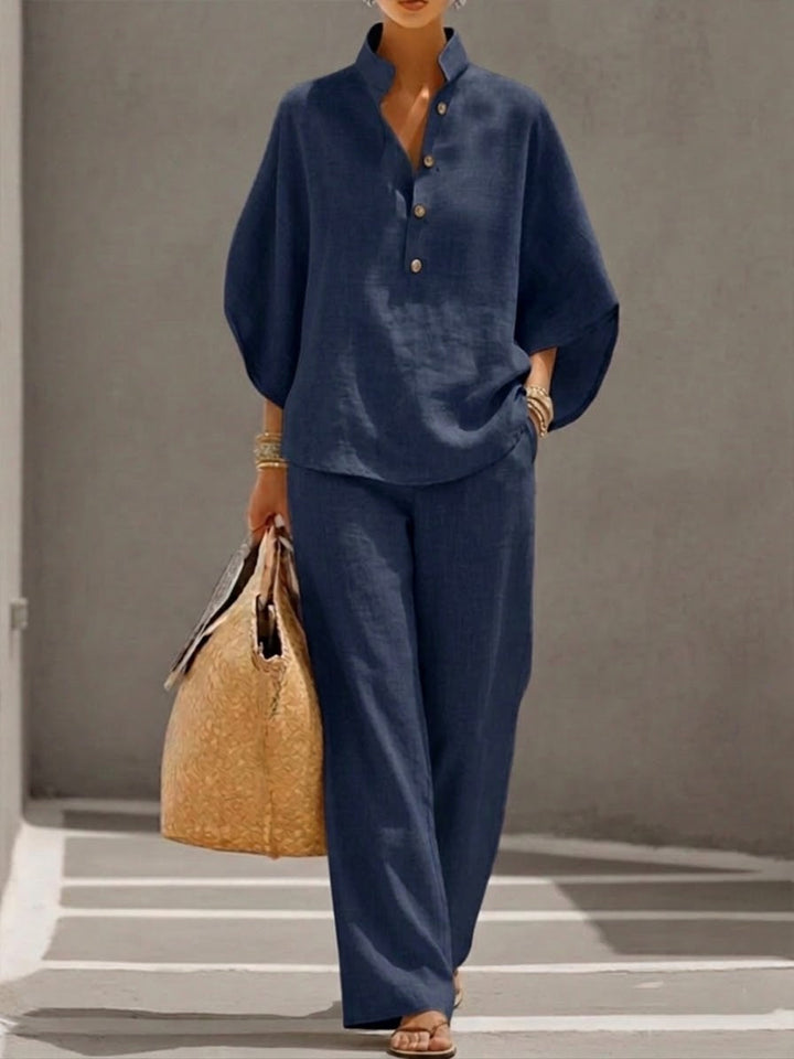 Lorena | Completo in Cotone e Lino con Maniche a Pipistrello e Pantaloni Larghi