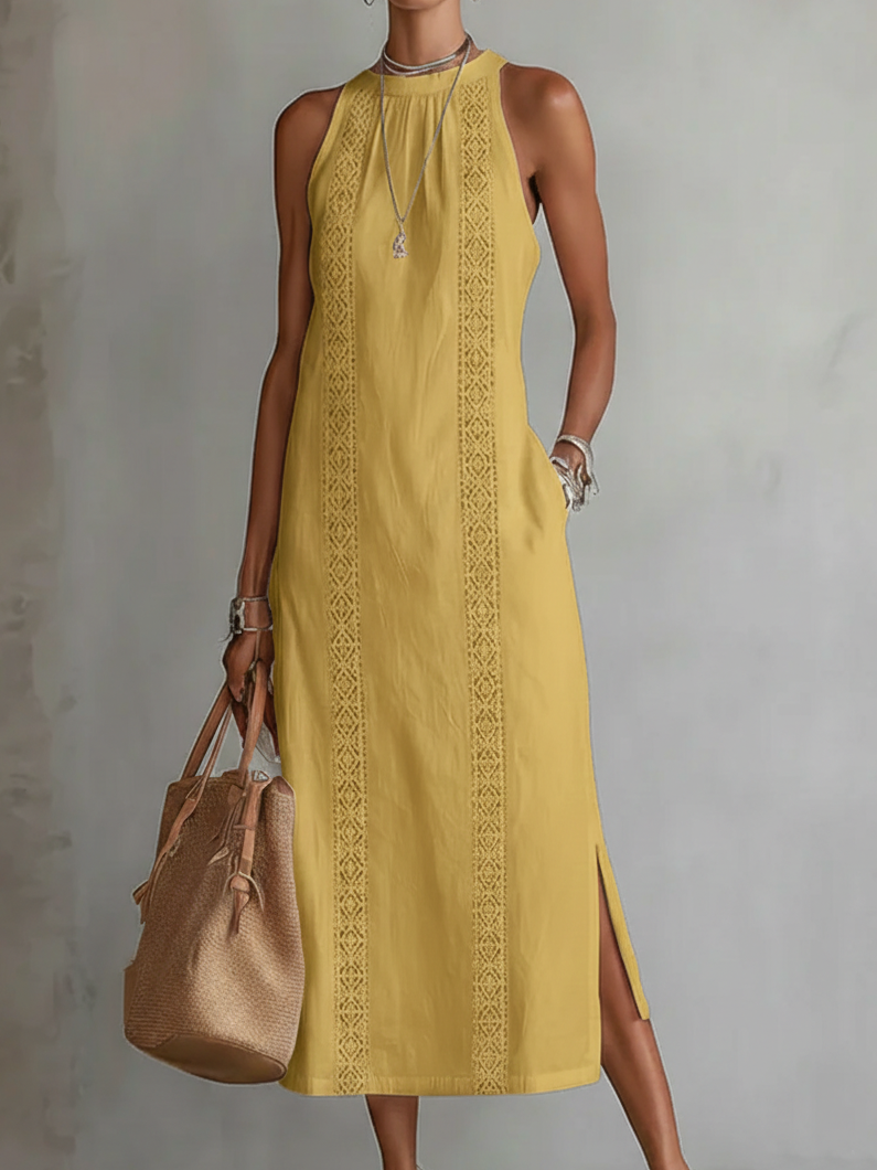 Alessia | Vestito midi in lino con colletto mao