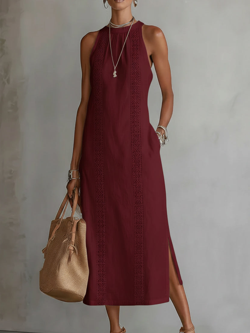 Alessia | Vestito midi in lino con colletto mao
