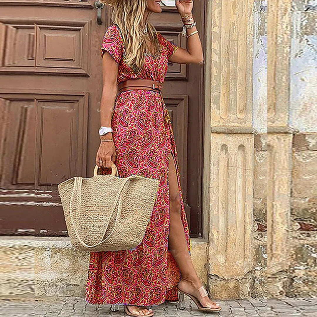 Drina | Vestito lungo bohemien con vita arricciata
