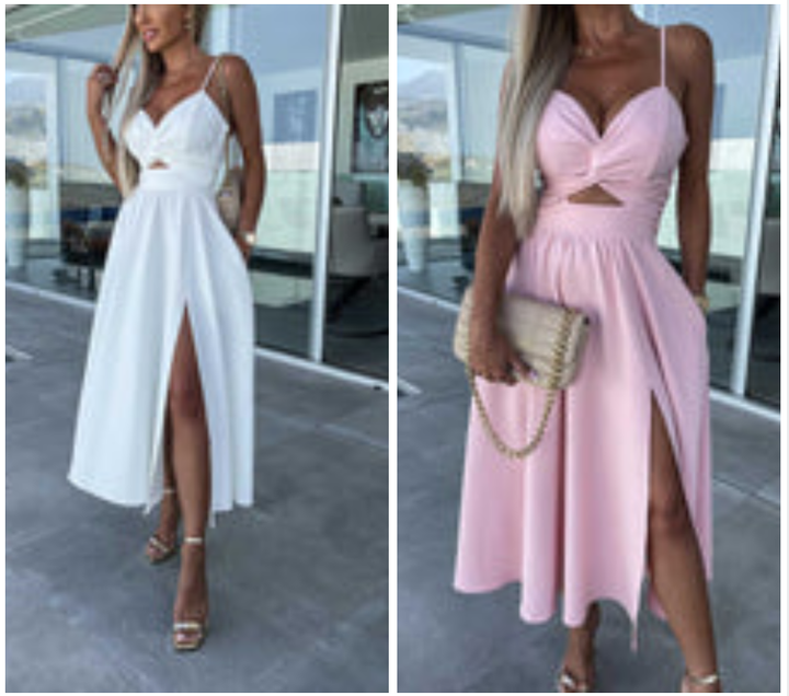 Vanette - Elegante Abito Midi con Spalline e Spacco Frontale
