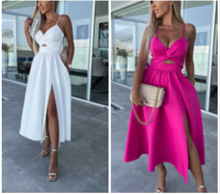 Vanette - Elegante Vestito Midi con Spalline e Spacco Frontale