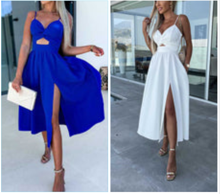 Vanette - Elegante Abito Midi con Spalline e Spacco Frontale