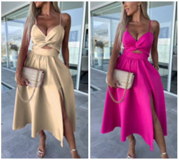 Vanette - Elegante Vestito Midi con Spalline e Spacco Frontale