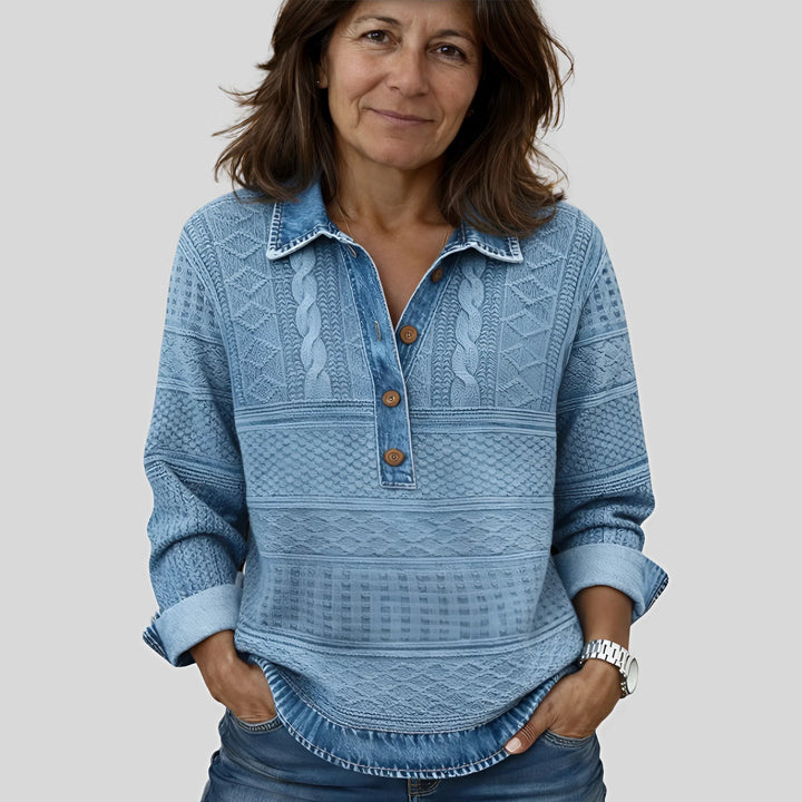 Bianca | Maglione Moderno con Mezza Abbottonatura Effetto Denim