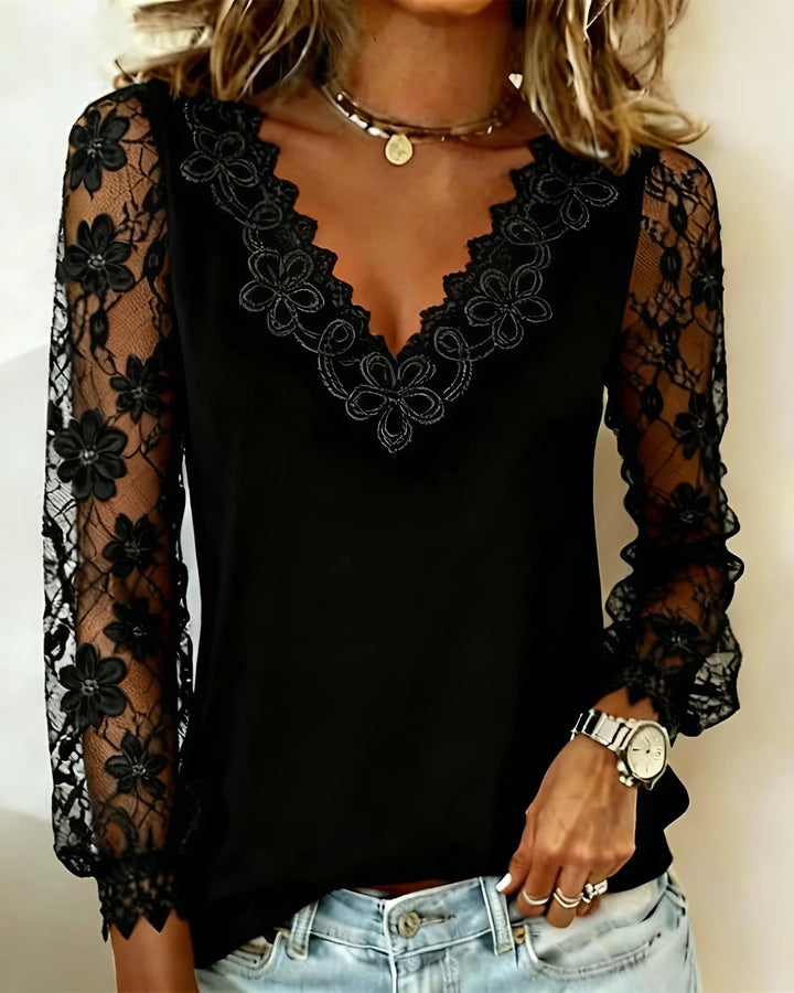 Elena – Blusa Elegante con Scollo a V e Maniche in Pizzo
