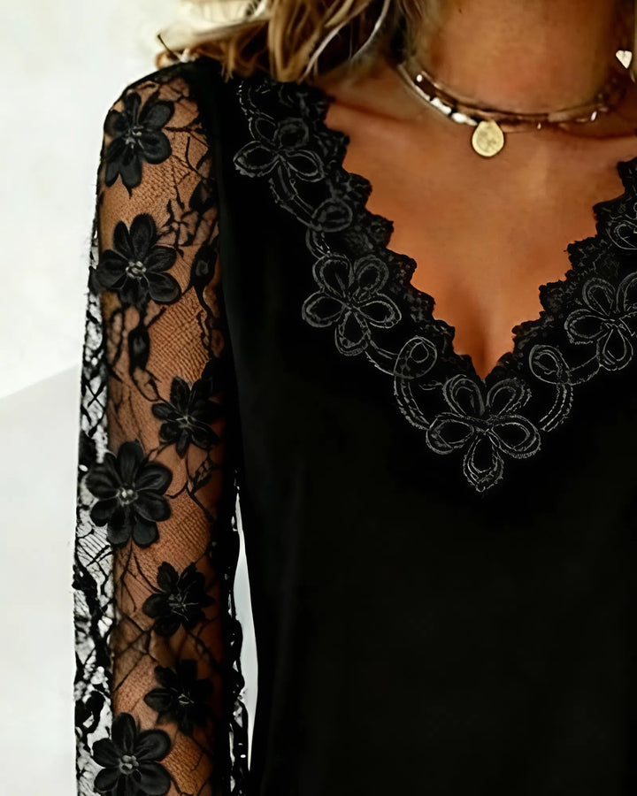Elena – Blusa Elegante con Scollo a V e Maniche in Pizzo