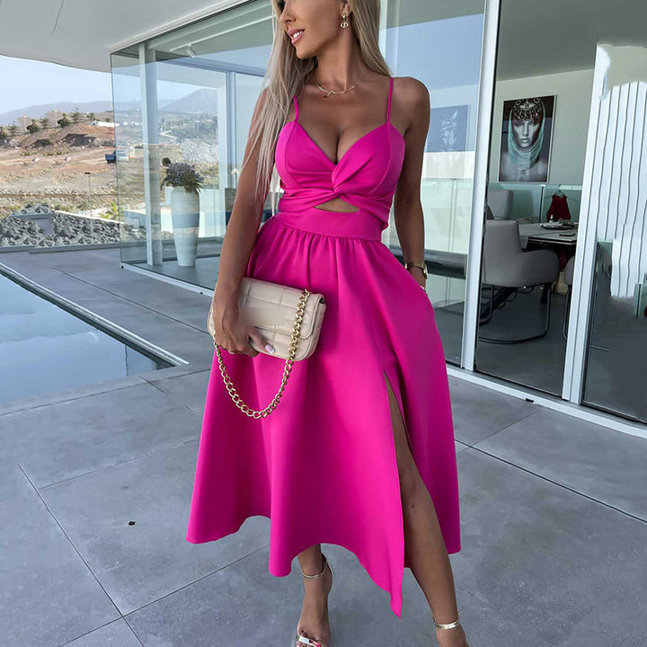Vanette - Elegante Vestito Midi con Spalline e Spacco Frontale