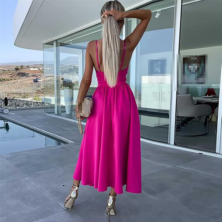 Vanette - Elegante Abito Midi con Spalline e Spacco Frontale