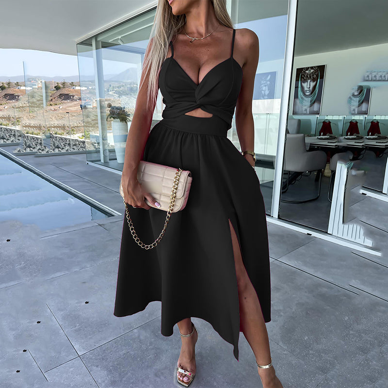 Vanette - Elegante Vestito Midi con Spalline e Spacco Frontale