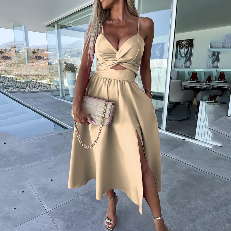 Vanette - Elegante Vestito Midi con Spalline e Spacco Frontale