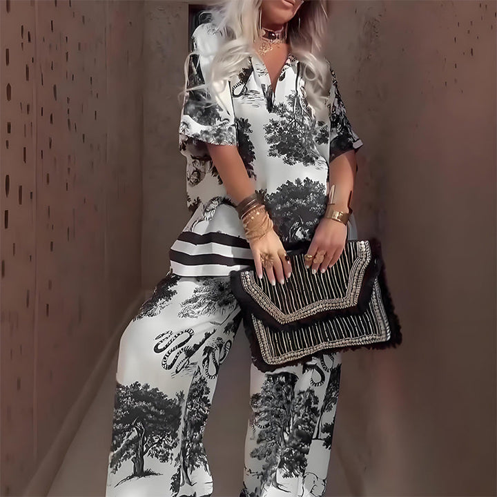 Top Stampato con Collo a V + Pantaloni Lunghi – Stile Elegante e Leggero per l'Estate
